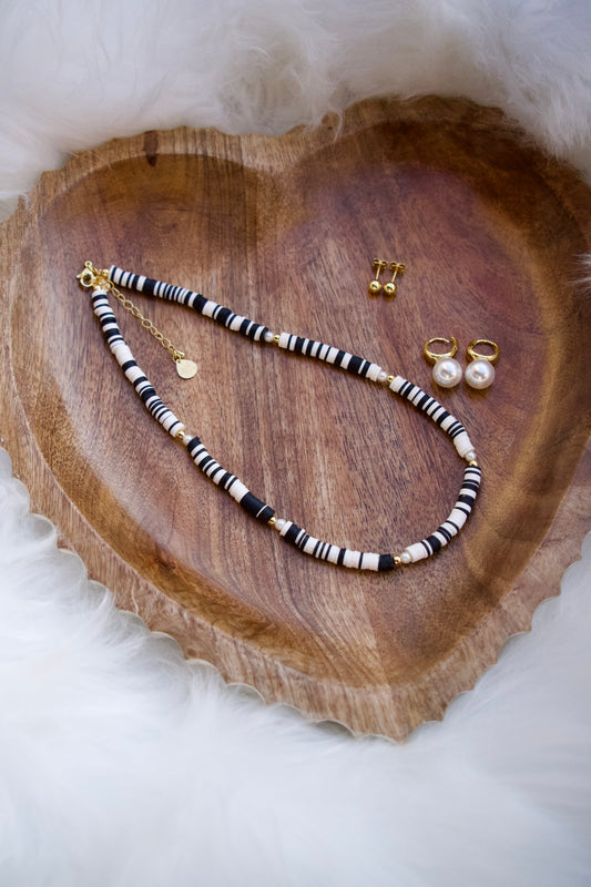 Ying Yang Necklace with White Pearl Hoop and Mini Ball Earrings