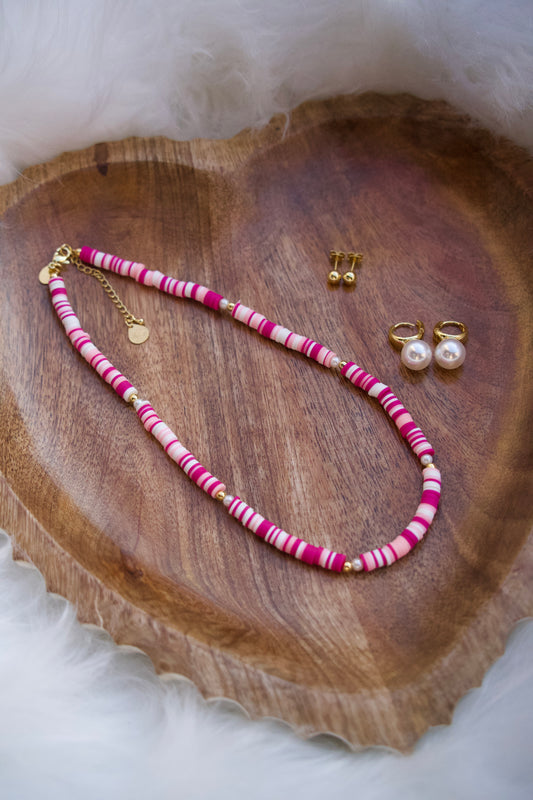 Rose Petal Necklace with White Pearl Hoop and Mini Ball Earrings