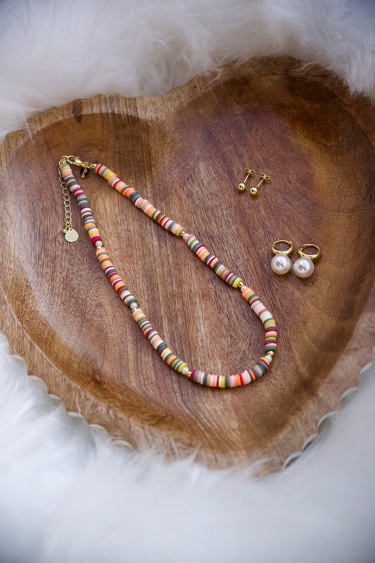 Heavenly Rainbow Necklace with White Pearl Hoop and Mini Ball Earrings